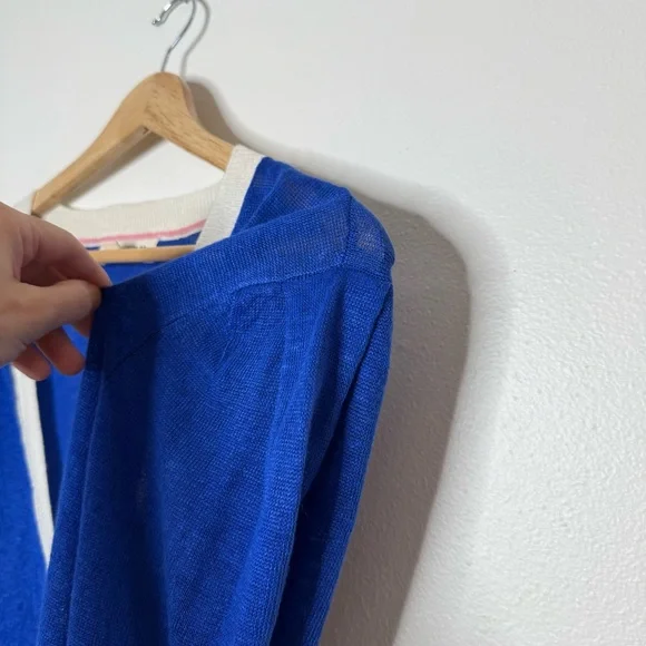 Boden Liv Linen Cardigan in bright blue with white bordering varsity size XL - Picture 10 of 12